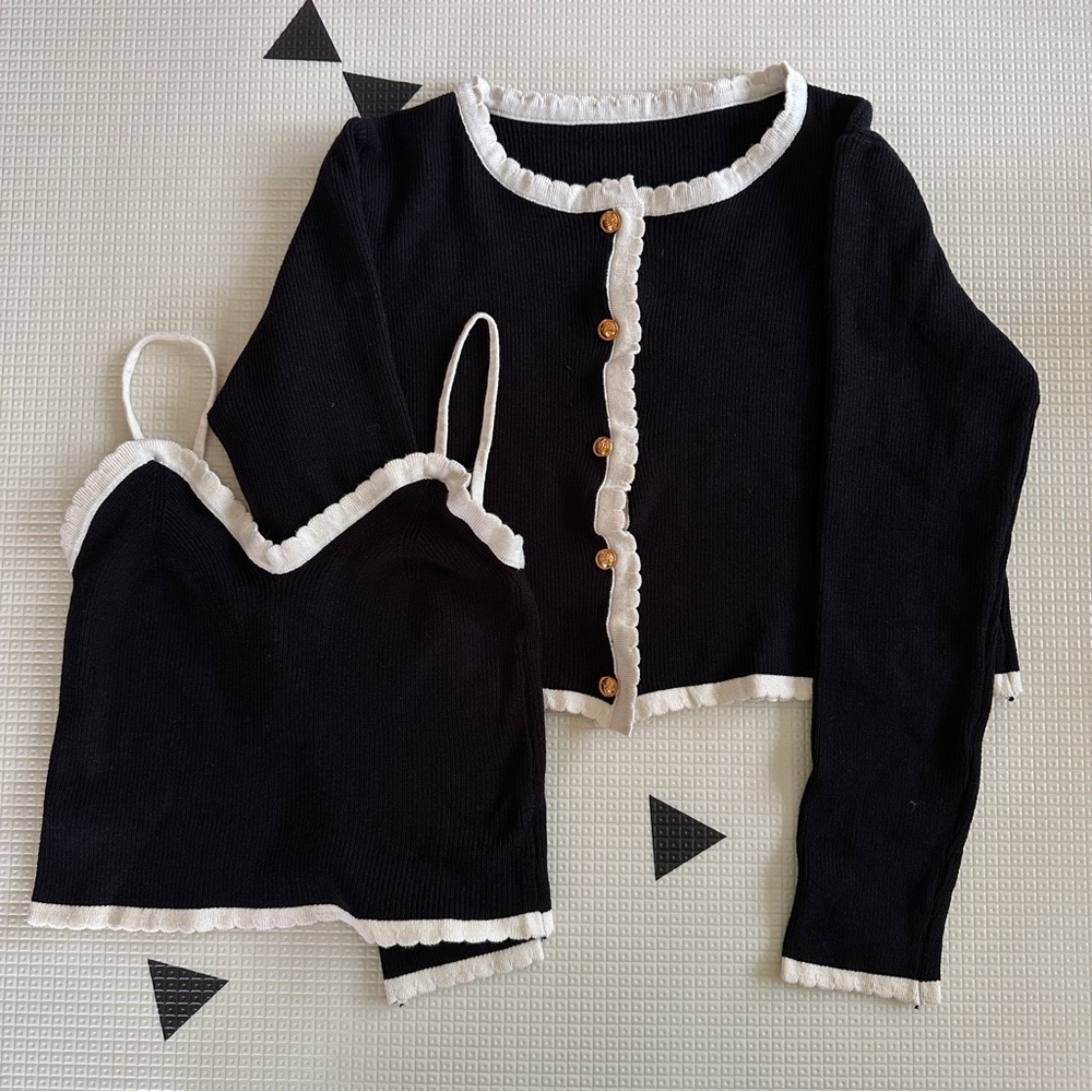 Black Contrast Trim Scallop Knit Cardigan + Ribbed Knit Cropped Camisole…